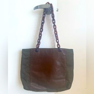 Prada Brown Leather and Nylon Tote Bag with Acrylic Chain Handles